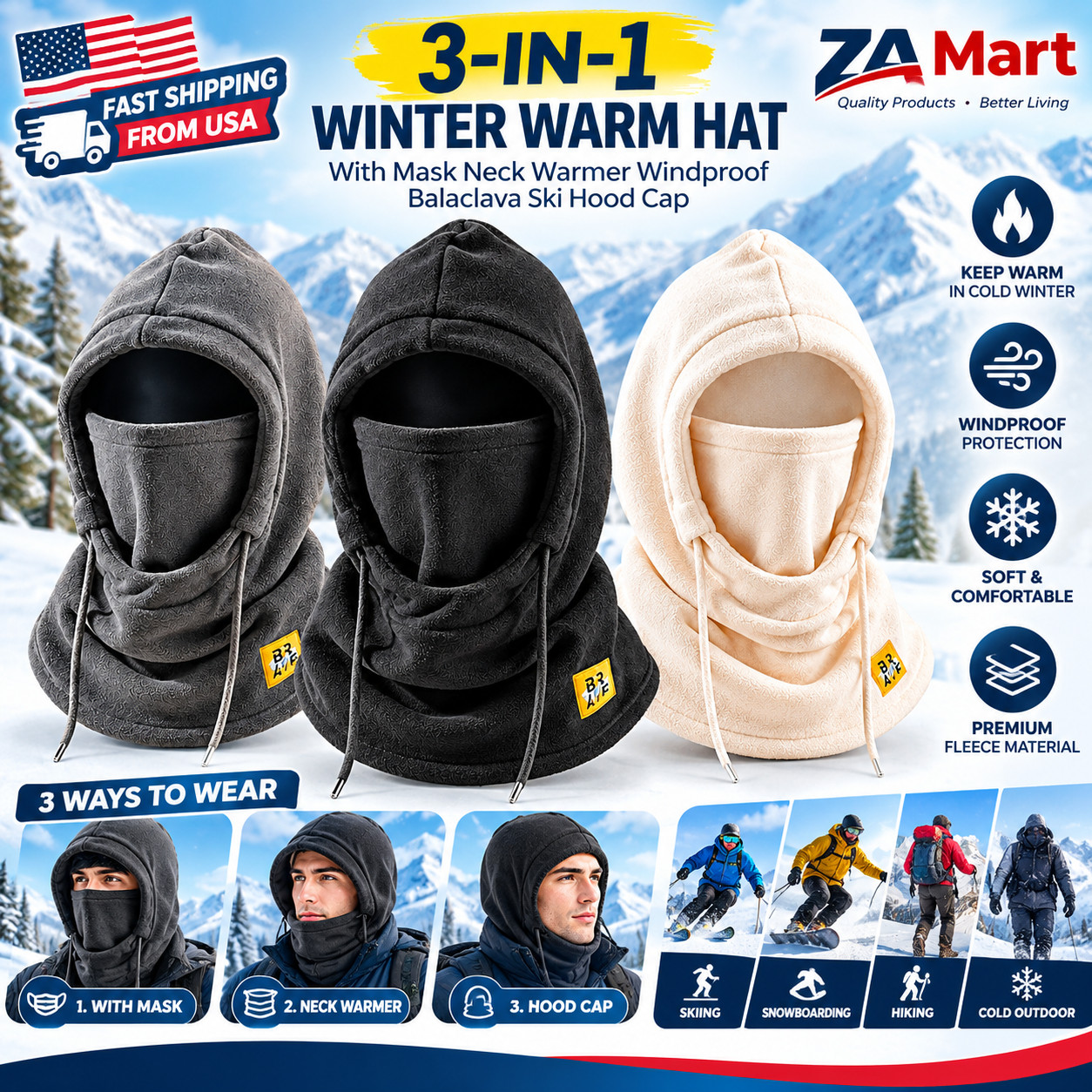 3-in-1 Winter Warm Hat With Mask Neck Warmer Windproof Balaclava Ski Hood Cap
