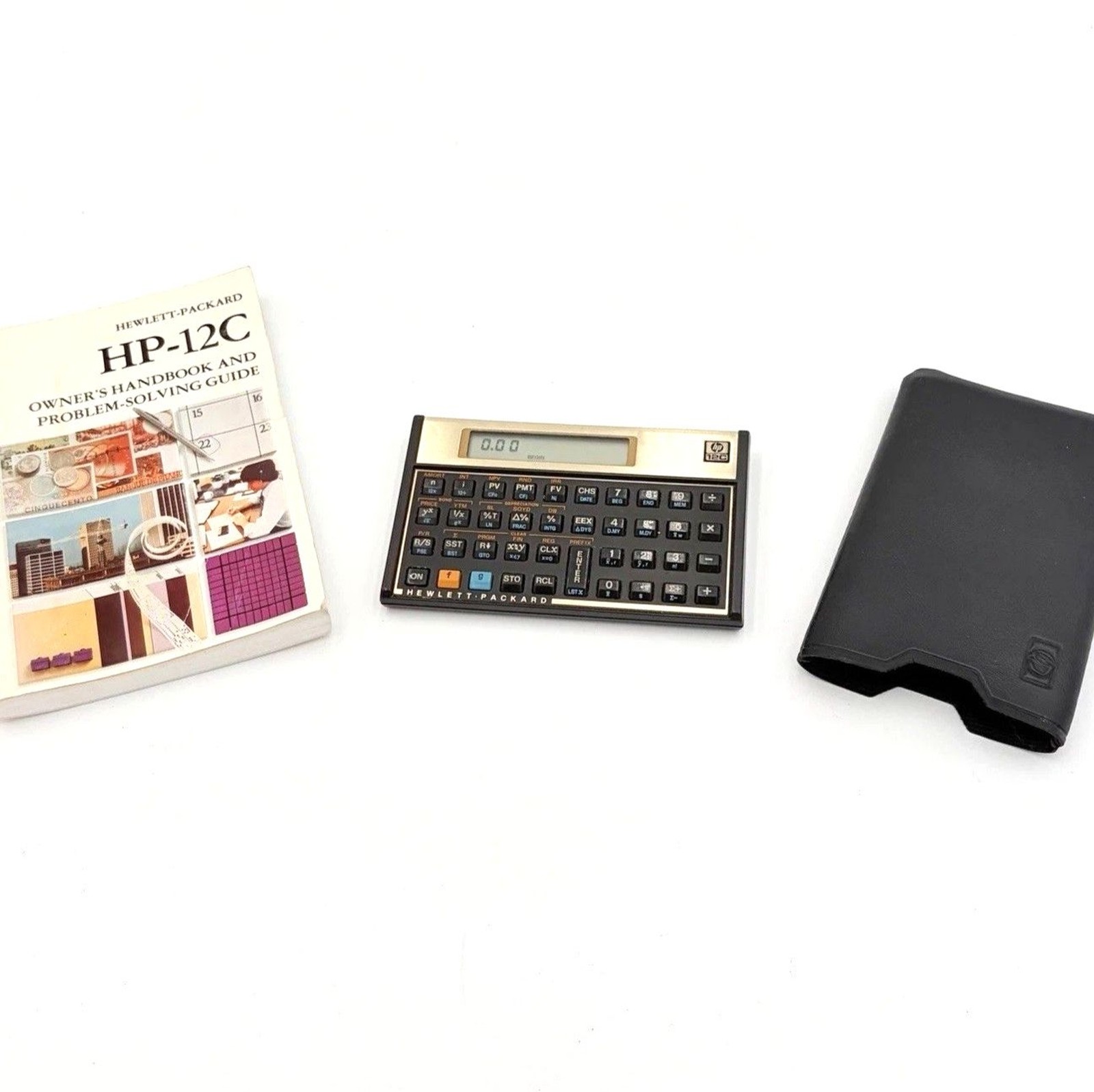 Vintage HP 12C Financial Calculator 1985 USA Gold Bezel w/ Case Manual Works