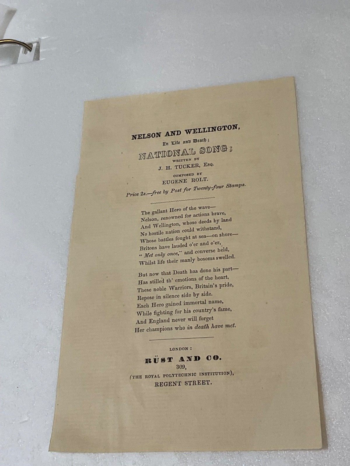 ADMIRAL NELSON & LORD WELLINGTON SONG SHEET CA 1852 LIFE & DEATH NATIONAL SONG