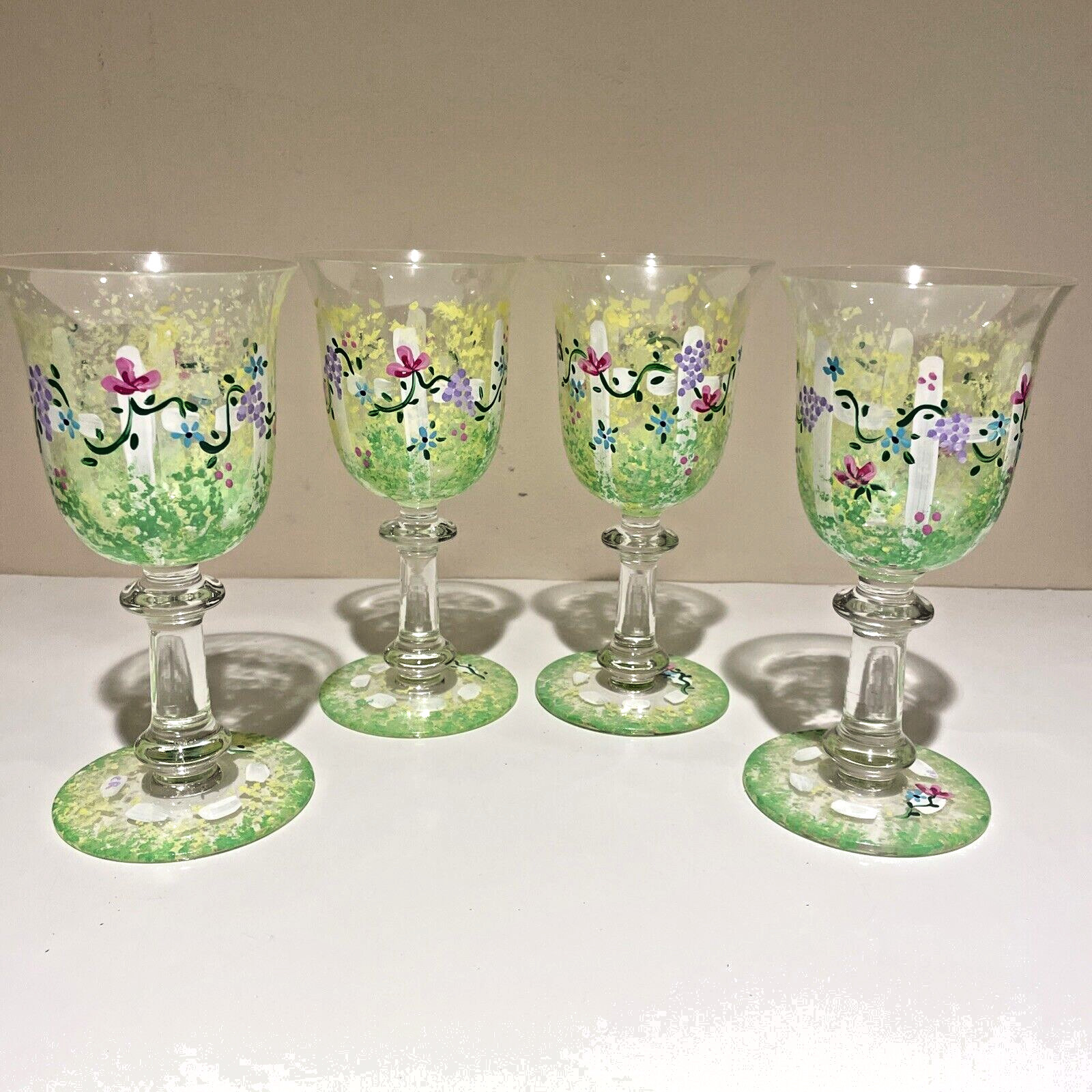 VTG Hand Painted Glasses Goblets Water Wine Colorful Garden Signed OOAK Set of 4