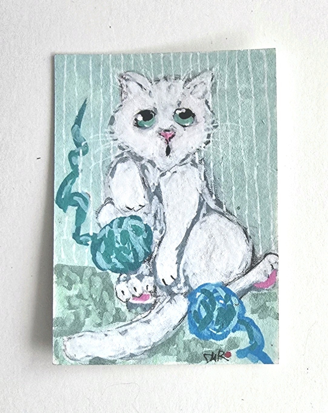 Original ACEO White Cat Yarn Play Adventure Whimsical Dulce Maria Rico\