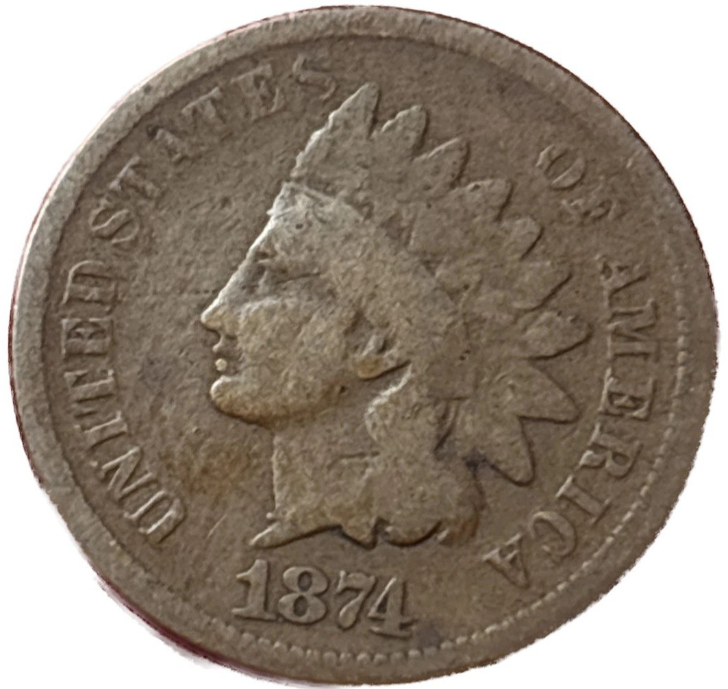 1874 Indian Head Cent Good - Very Good Average Circulated Condition Bronze Penny