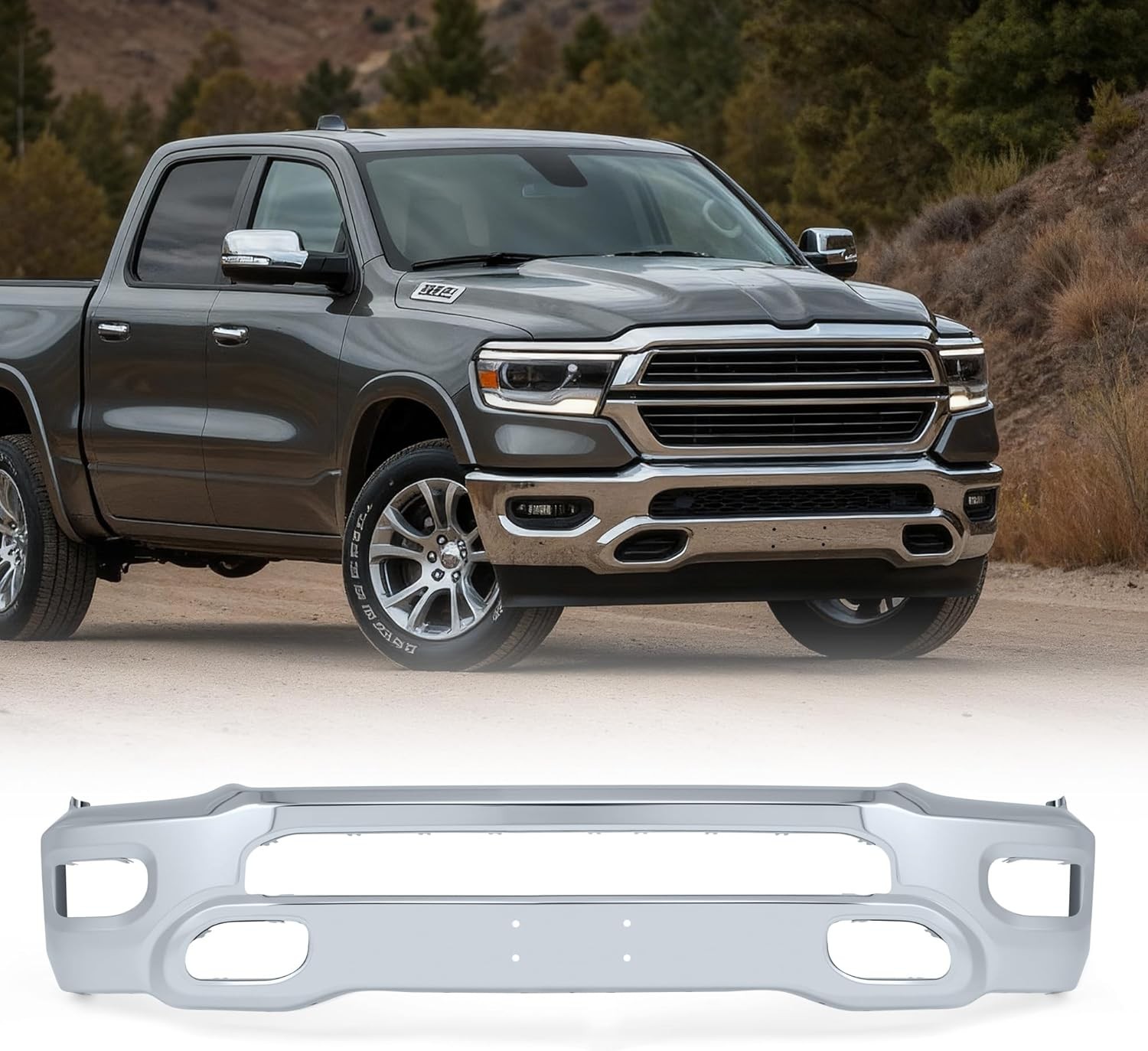 One-Piece Chrome Front Bumper Bar For 2019-2024 Dodge Ram 1500 w Fog Light Holes