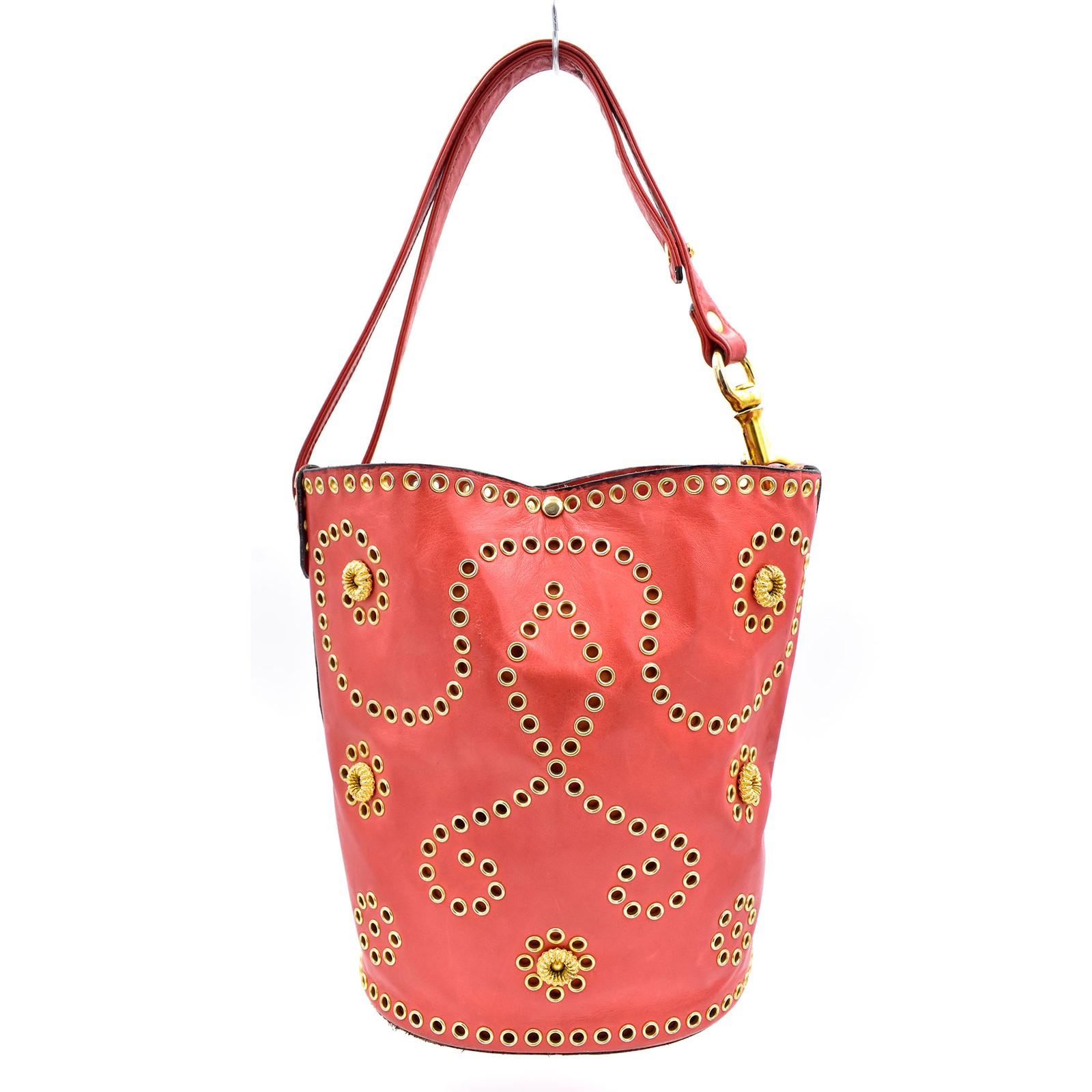 *VERY RARE & UNUSUAL* Vintage RODO Italy Riveted Red Coral Leather Bucket Bag