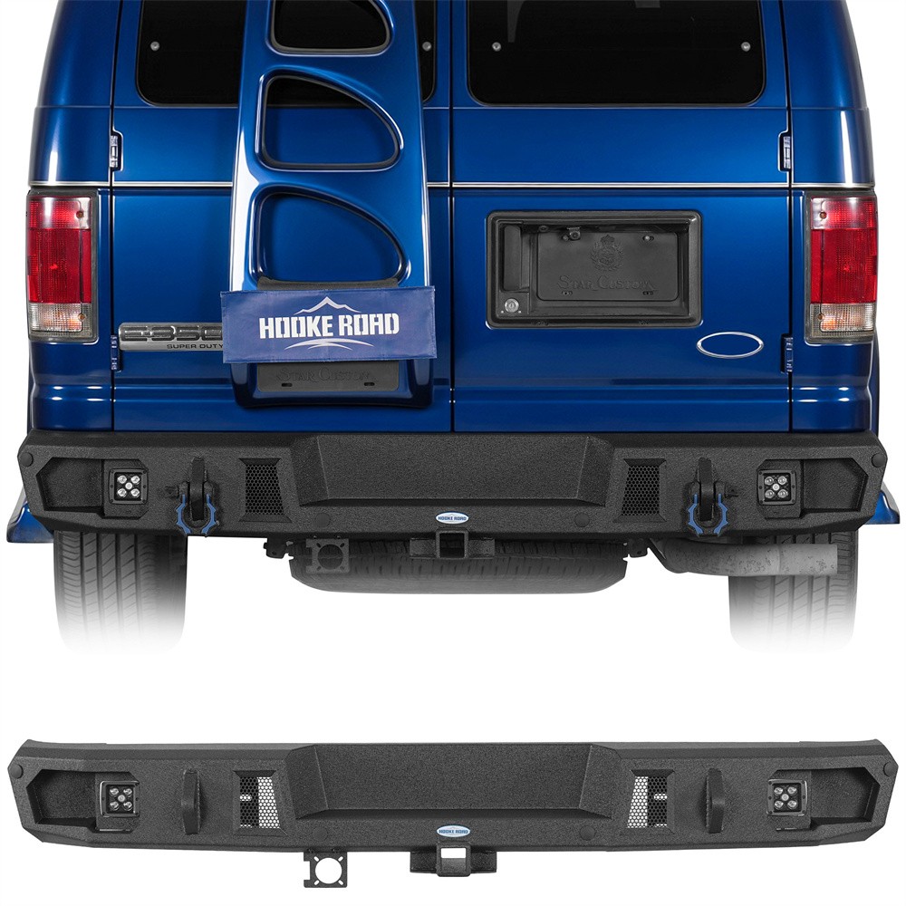 Fit 1992-2014 Ford E-350 Textured Steel Rear Bumper w/ LED Light &Hitch Receiver