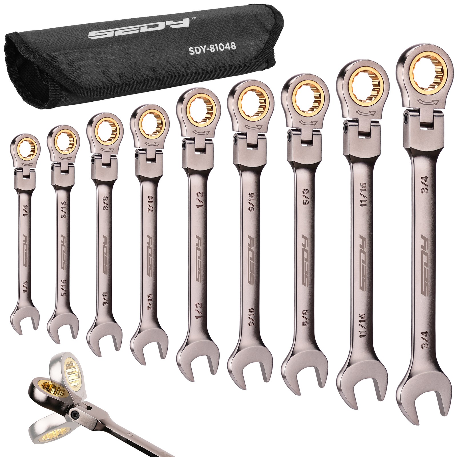 9PC Flex-Head Ratcheting Wrench Set Set with Organizer SAE Combination 1/4“-3/4”