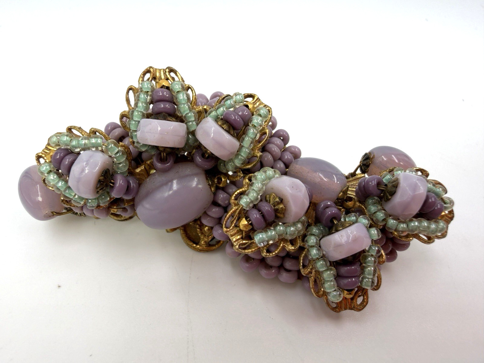 Vintage Brooch Miriam Haskell Purple Glass Bead Wired Brass Signed