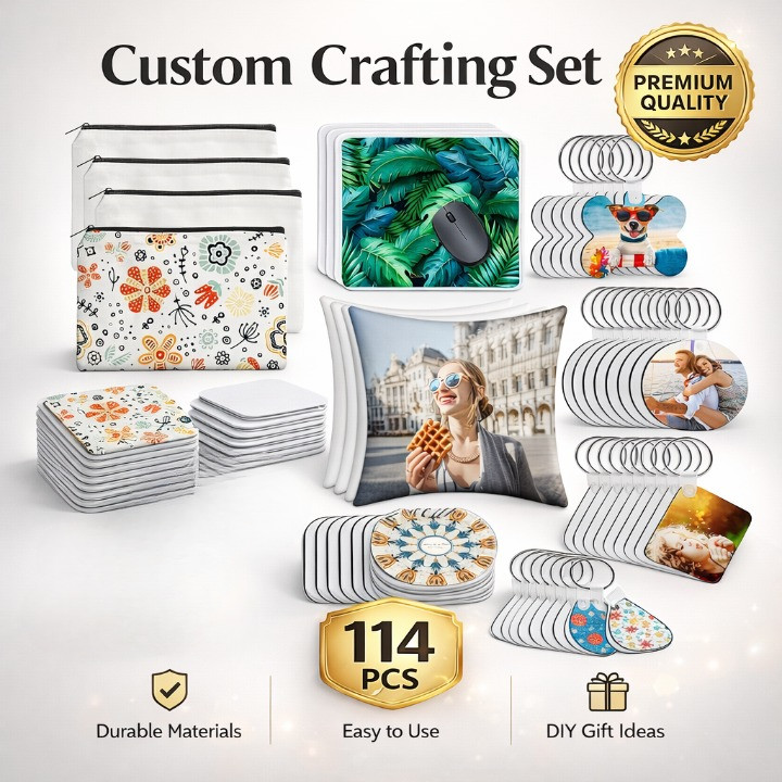 114 Pcs Sublimation Blanks Set DIY Craft Makeup Bag Keychain Pillow Mouse Pad