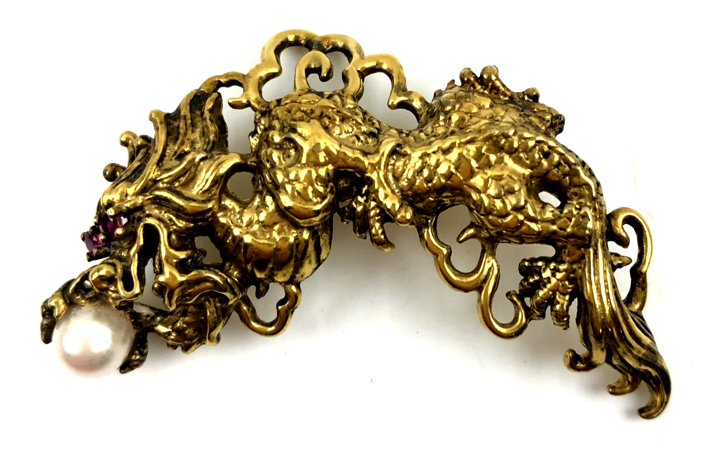 Vtg Antique Mark EN 87 Sterling Silver Gold Chinese Dragon Ruby Yes Brooch Pin Vtg Antique Mark EN 87 Sterling Silver Gold Chinese Dragon Ruby Yes Brooch Pin