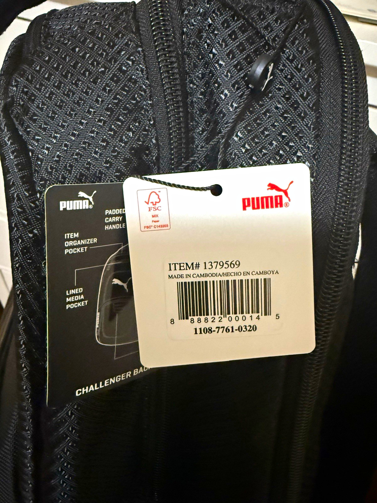 PUMA Challenger Unisex Adult Backpack Black Zip Pockets Padded Handle