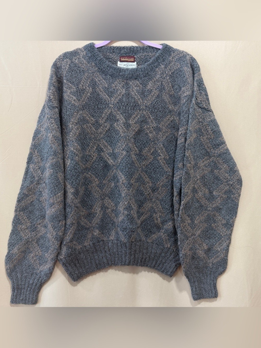 Vintage Nordstrom 100% Alpaca Wool Sweater Large Blue Gray Argyle Peru