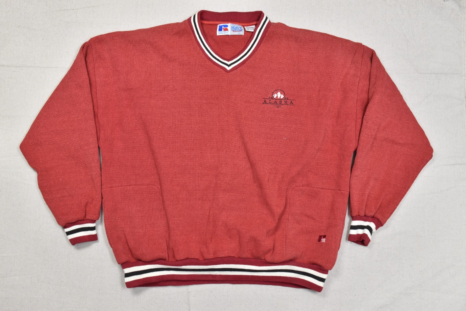 Vintage Russell Athletic Heavyweight Thermal V-Neck Sweater XL Red Alaska Vintage Russell Athletic Heavyweight Thermal V-Neck Sweater XL Red Alaska