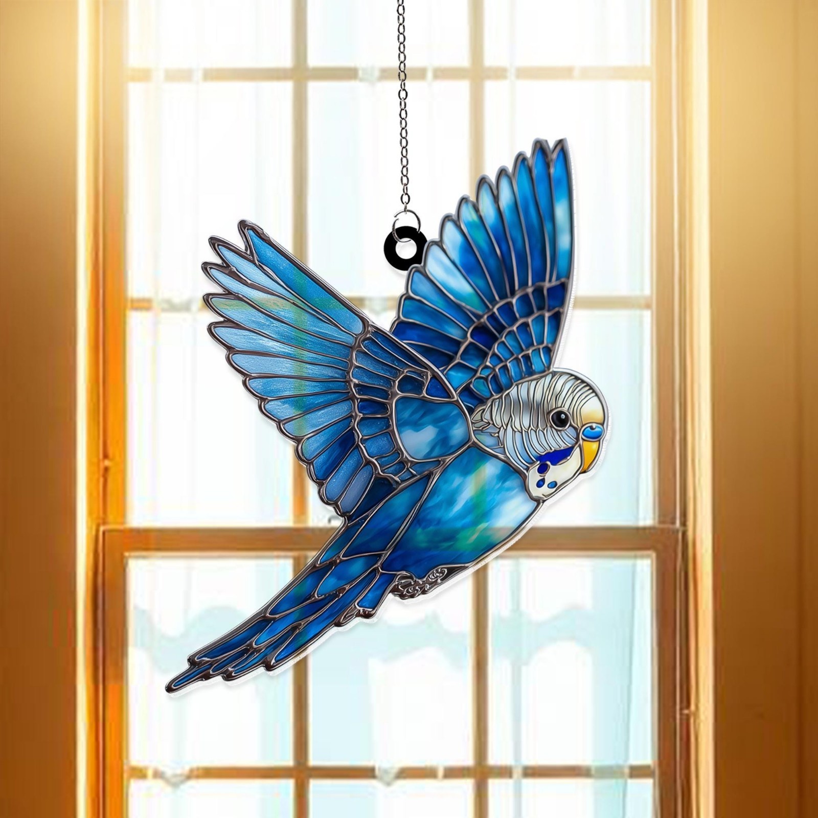Blue Budgie Parakeet Acrylic Suncatcher Window Hanging – Custom Clear Acrylic