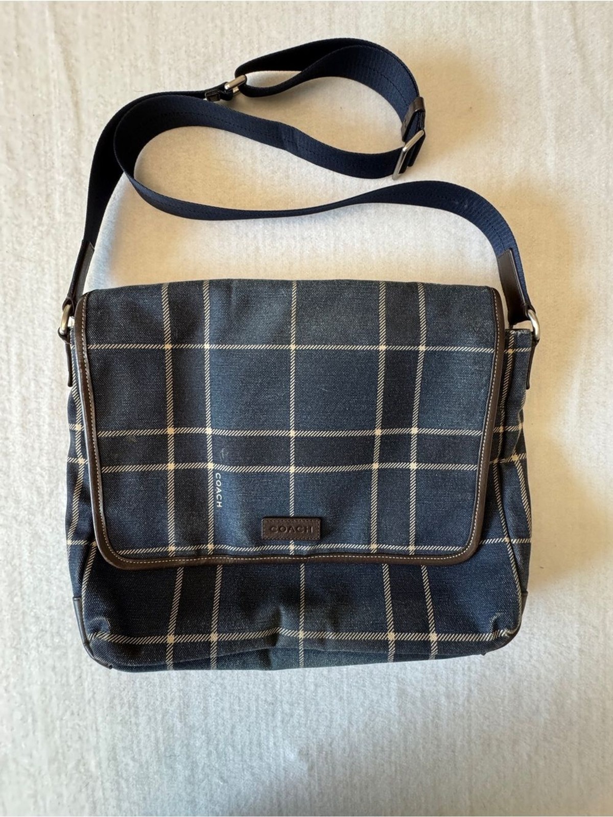 Coach Men\'s Navy Plaid Canvas Messenger Bag with Leather Trim Coach Men\'s Navy Plaid Canvas Messenger Bag with Leather Trim