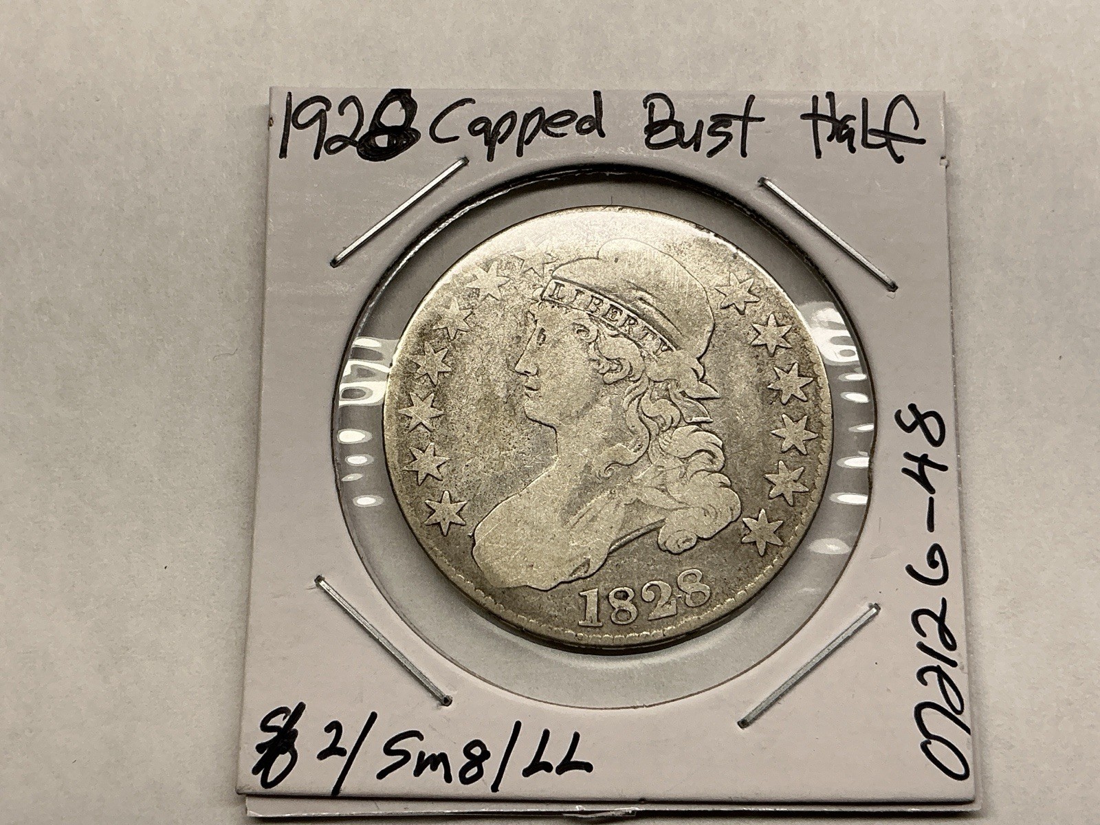 1828 Capped Bust 89% Silver Half-Dollar w/Sq Base 2, SM 8,  Lg Lts, 072426 48ie