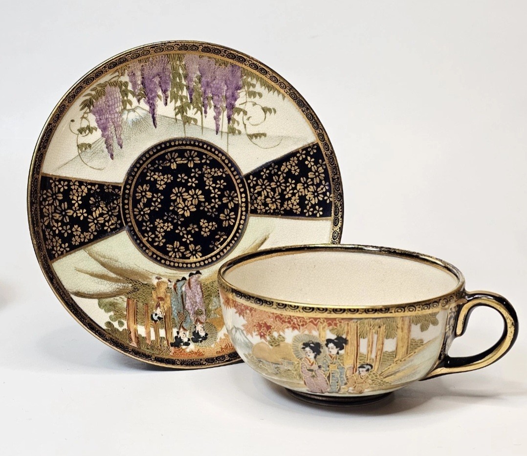 Beautiful Antique Hand Painted Japanese Satsuma Wisteria Tea Cup & Saucer. EC