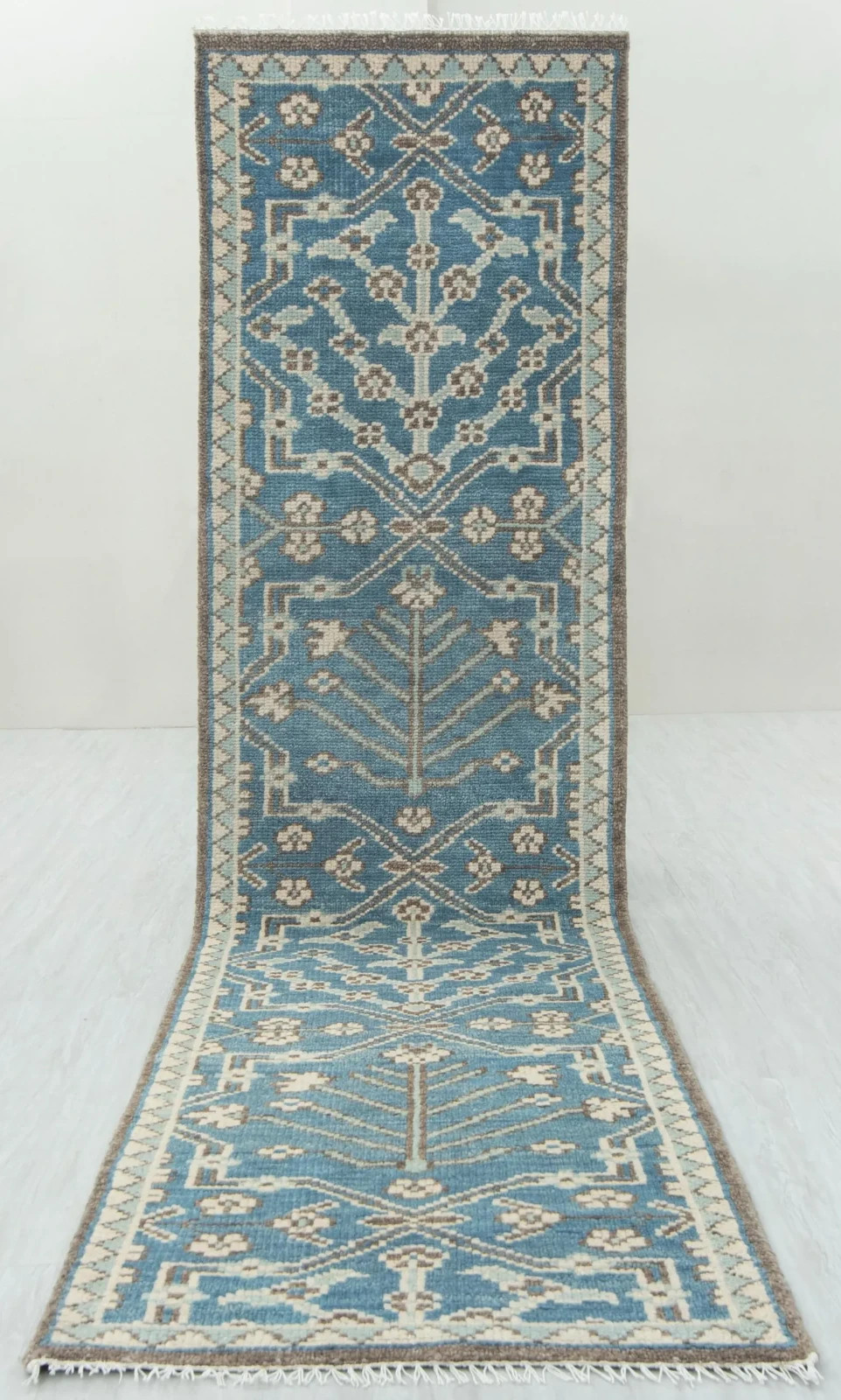 Hand Knotted Oushak Runner Rug Wool Hallway Carpet Blue Turkish Custom Size
