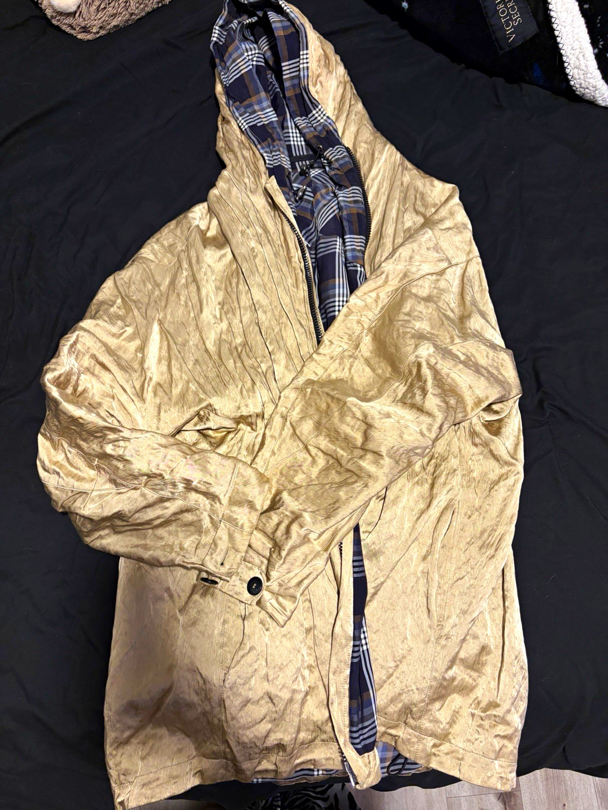 Giorgio Armani Made in Italy Crinkle Hooded Jacket Plaid Lined Size 48