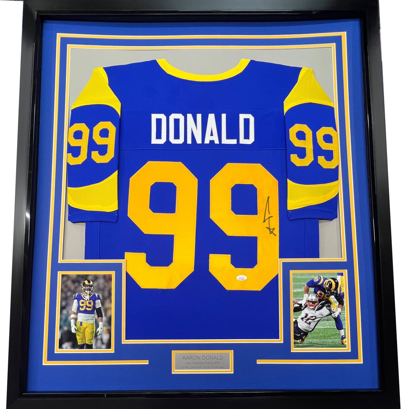 Framed Autographed/Signed Aaron Donald 35x39 LA Retro Blue Jersey JSA COA Framed Autographed/Signed Aaron Donald 35x39 LA Retro Blue Jersey JSA COA