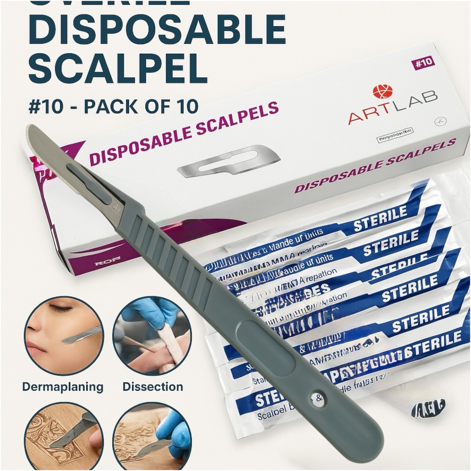 10 PCS STERILE DISPOSABLE SCALPELS #10-SINGLE USE-DENTAL, SURGICAL, DERMAPLANING