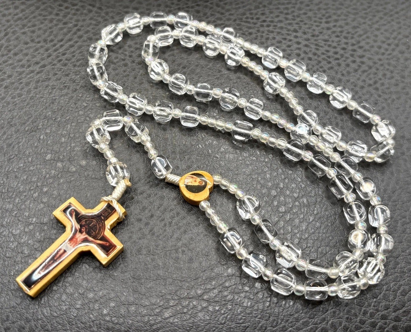 Vintage St Benedict Crucifix Rosary AB Clear Glass Beads Wood Cross 27”
