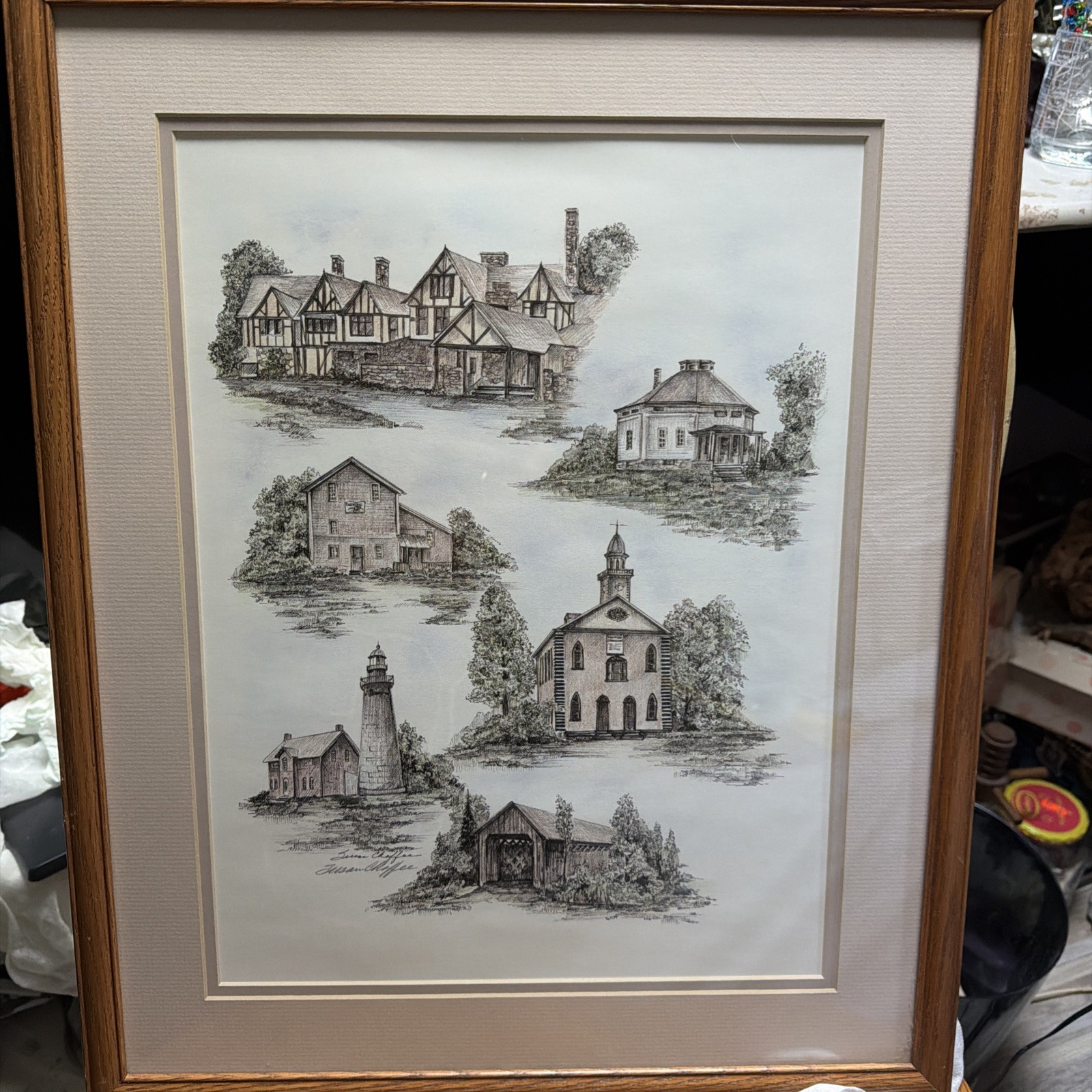 Large Print And Ink Susan Coffee NE Ohio Signed Print Framed 