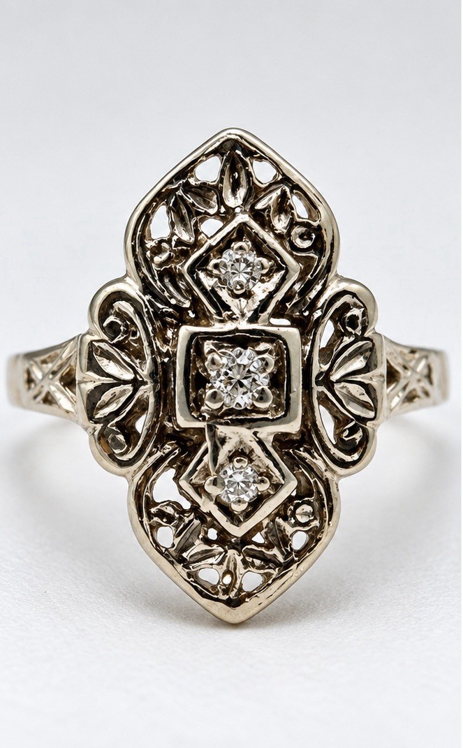Vintage 10K White Gold Natural Diamond Art Deco Style Ring Size 5 3.59g