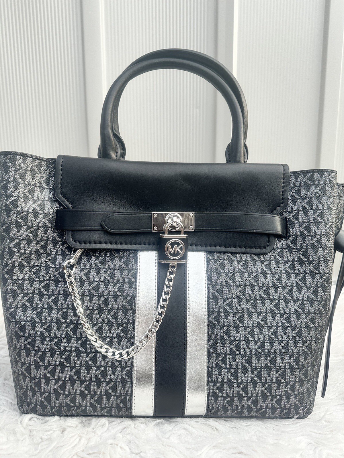 AUTHENTIC Michael Kors Hamilton Large Belted Satchel Black And Silver NWT AUTHENTIC Michael Kors Hamilton Large Belted Satchel Black And Silver NWT
