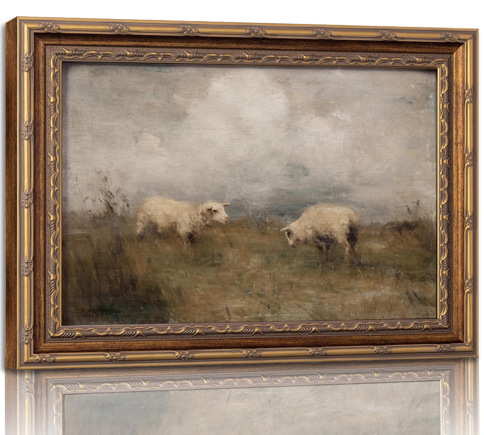 Vintage Gold Framed Farmhouse Animal Wall Art Country Sheep Oil Painting Wall...