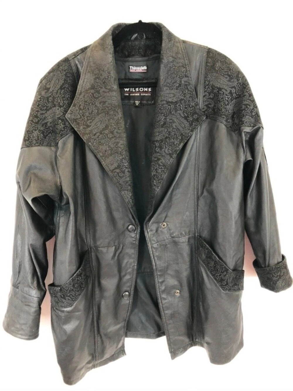 Vintage Wilsons Womens Leather Long Coat Petite Medium Black Paisley Suede Trim