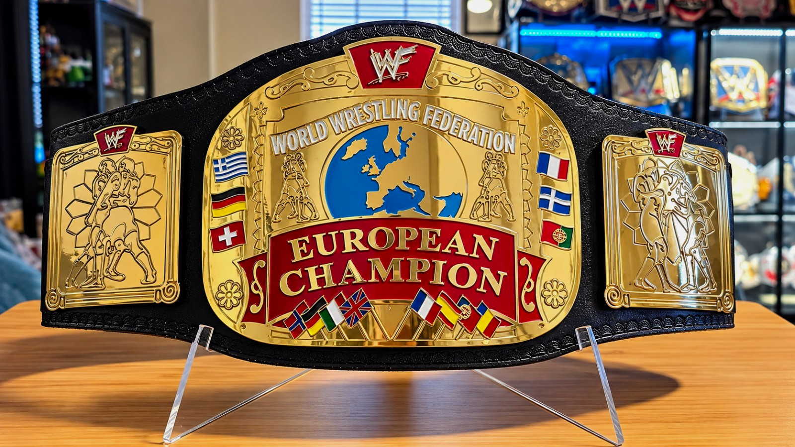 WWF European Champion Replica Wrestling Belt Gold/Black Red/Blue Snap Closure