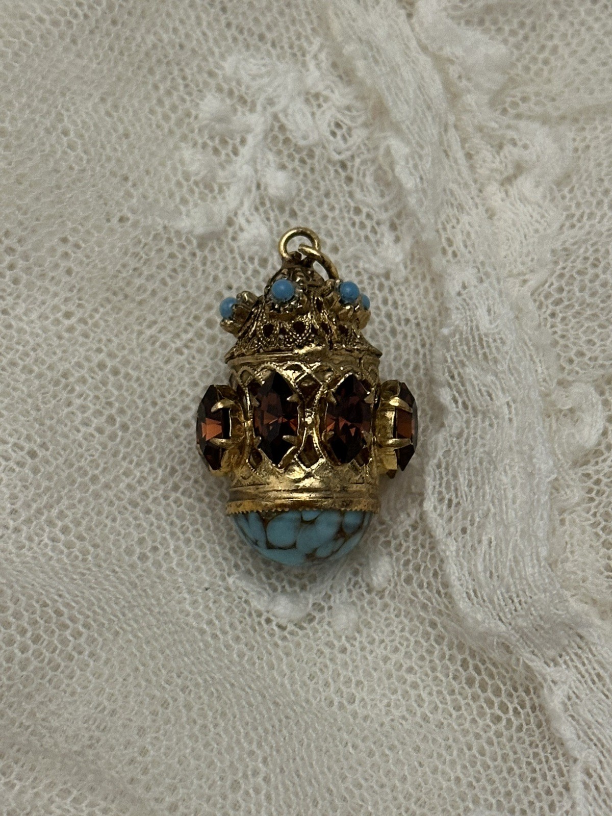Vintage Etruscan Revival Lantern Charm Pendant Gold Gilded Ornate Filigree Glass