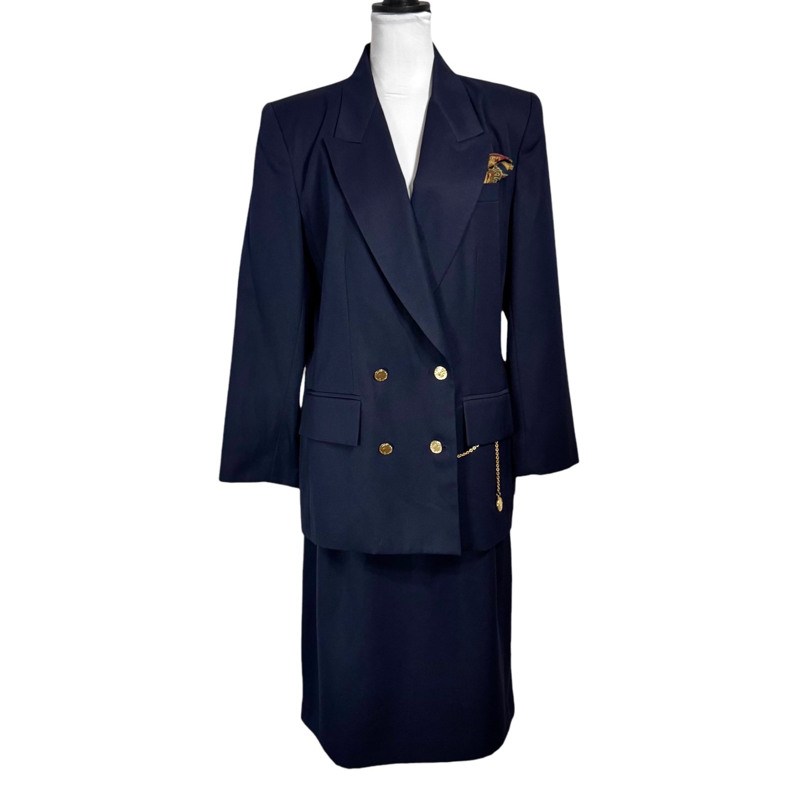 NWT Kasper 90s Power Suit Double Breasted Blazer Skirt Set 12 10 Gold Button VTG