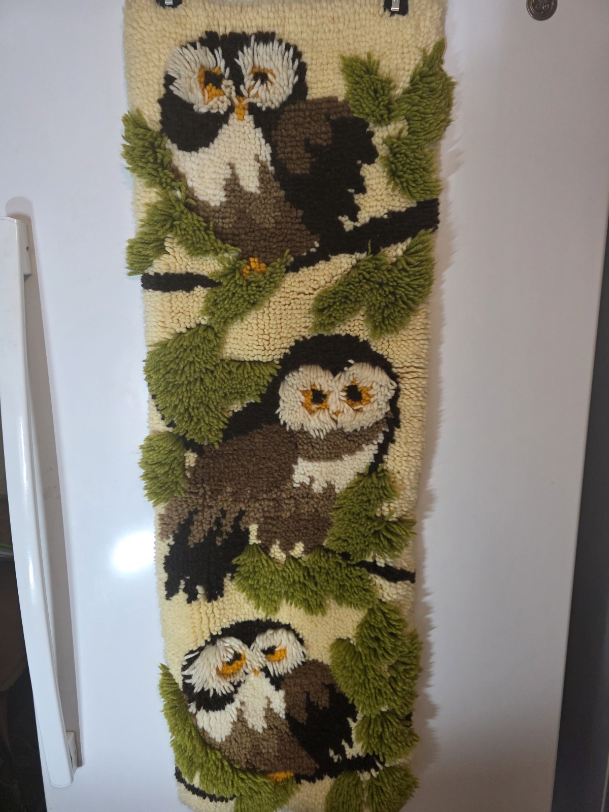 Vintage 1970s Latch Hook Owl Wall Hanging Shag Yarn Tapestry Retro 44\
