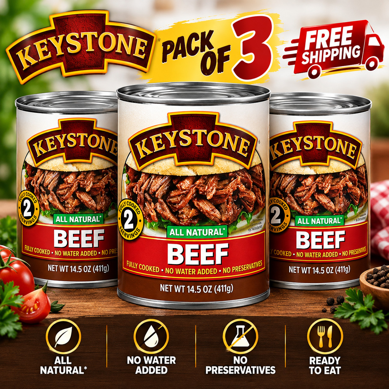 Keystone Meats All Natural Beef 3 Cans | Fully Cooked 14.5 oz Canned Meat Bulk