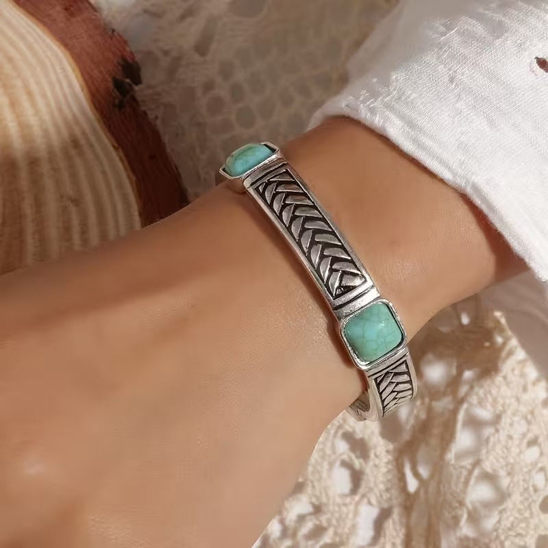 925 Sterling Silver Vintage Turquoise Tibetan Tibet Stretch Bracelet Bangle Cuff