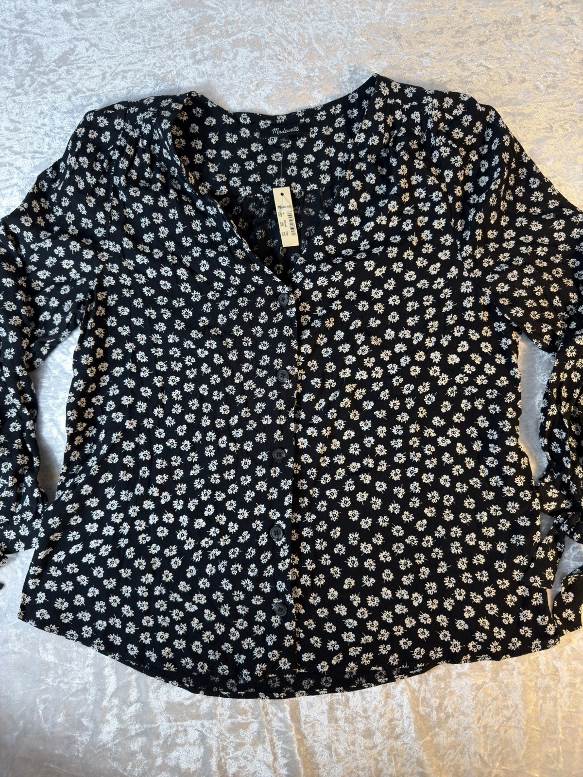 Madewell Floral Button Front Blouse Womens Medium Black 3/4 Sleeve Tie Cuff NWT