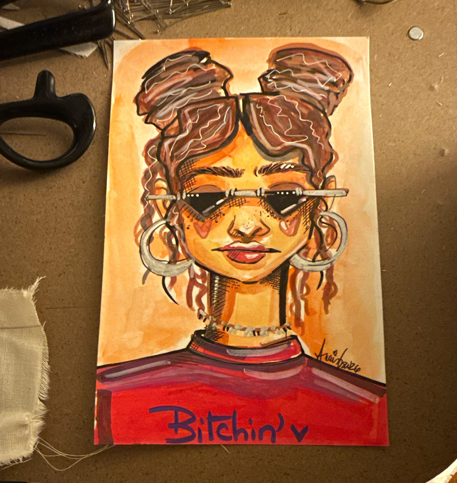 Signed Portrait Drawing Woman on Paper Illustration Art “Bitc***’” Unframed Signed Portrait Drawing Woman on Paper Illustration Art “Bitc***’” Unframed