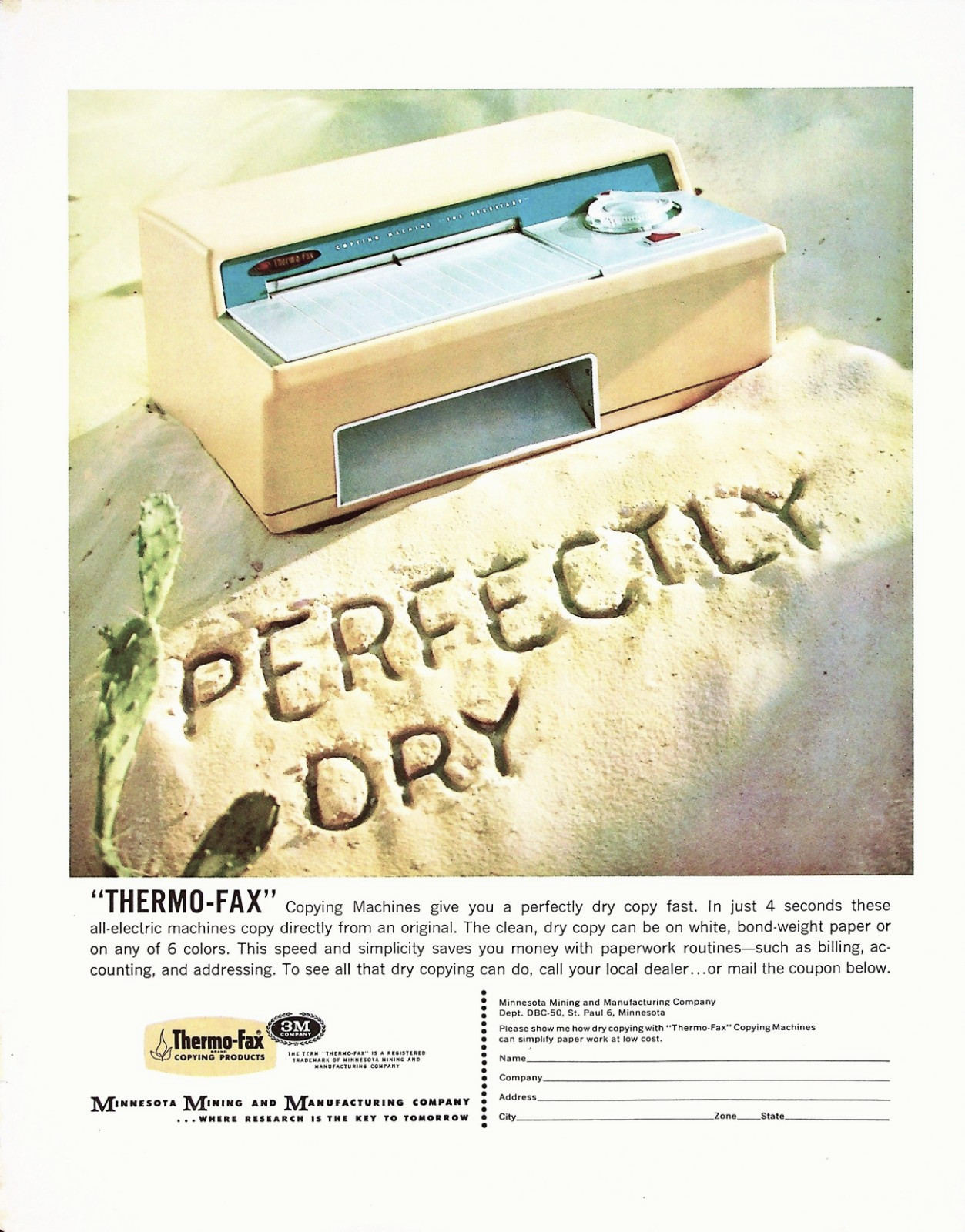 3M Thermo-Fax Copying Machine Perfectly Dry Office Copier Vtg 1960 Mag Print Ad