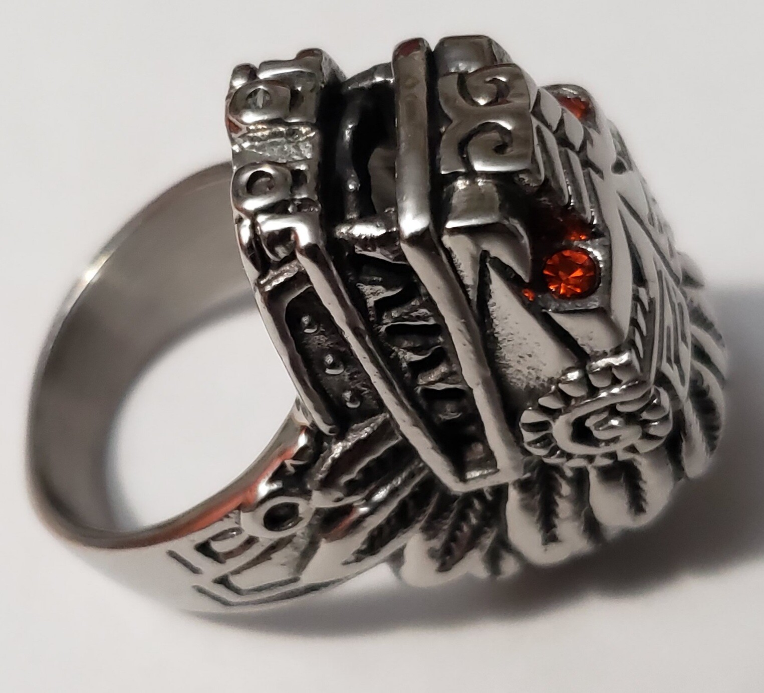 Aztec Mayan Chicano Biker Lowrider Quetzalcoatl Ring red jewel eyes Indigenous Aztec Mayan Chicano Biker Lowrider Quetzalcoatl Ring red jewel eyes Indigenous
