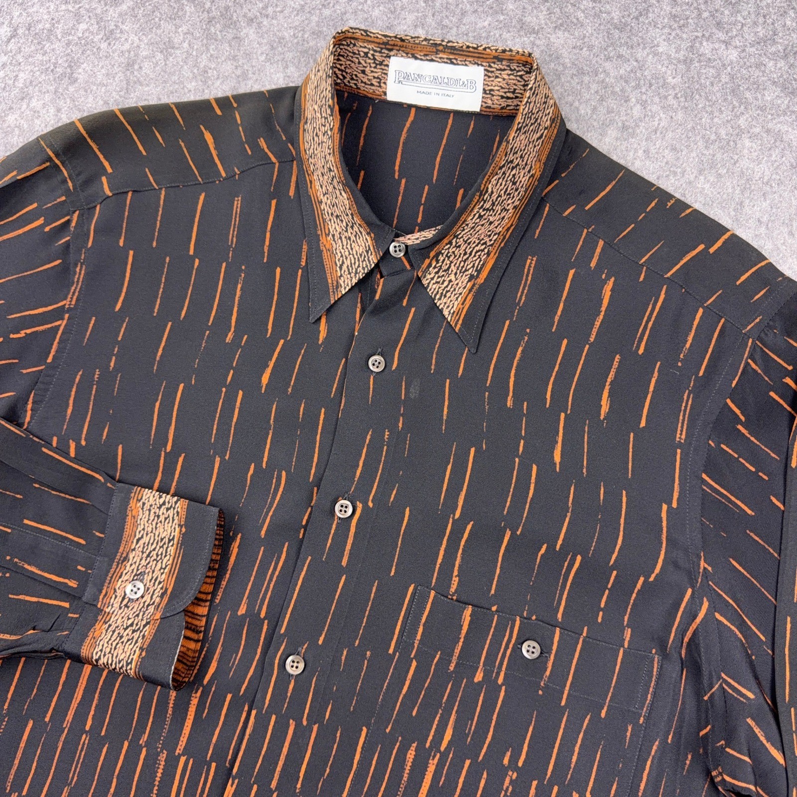 Pancaldi & B Mens M Silk Button Shirt Orange Black Abstract Avant Garde Italy
