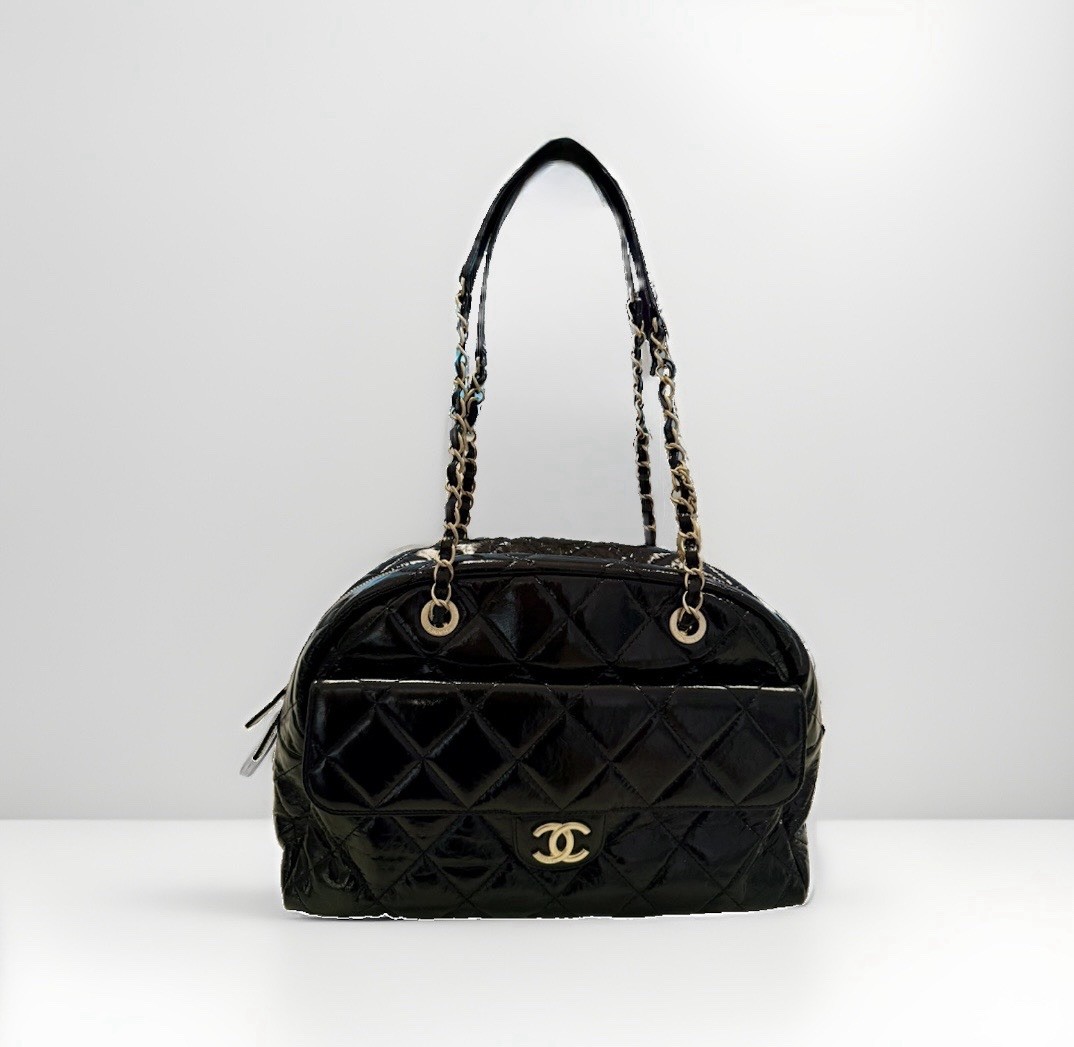 Authentic CHANEL Maxi Bowling Bag Black Shiny Crumpled Calfskin Gold Hardware