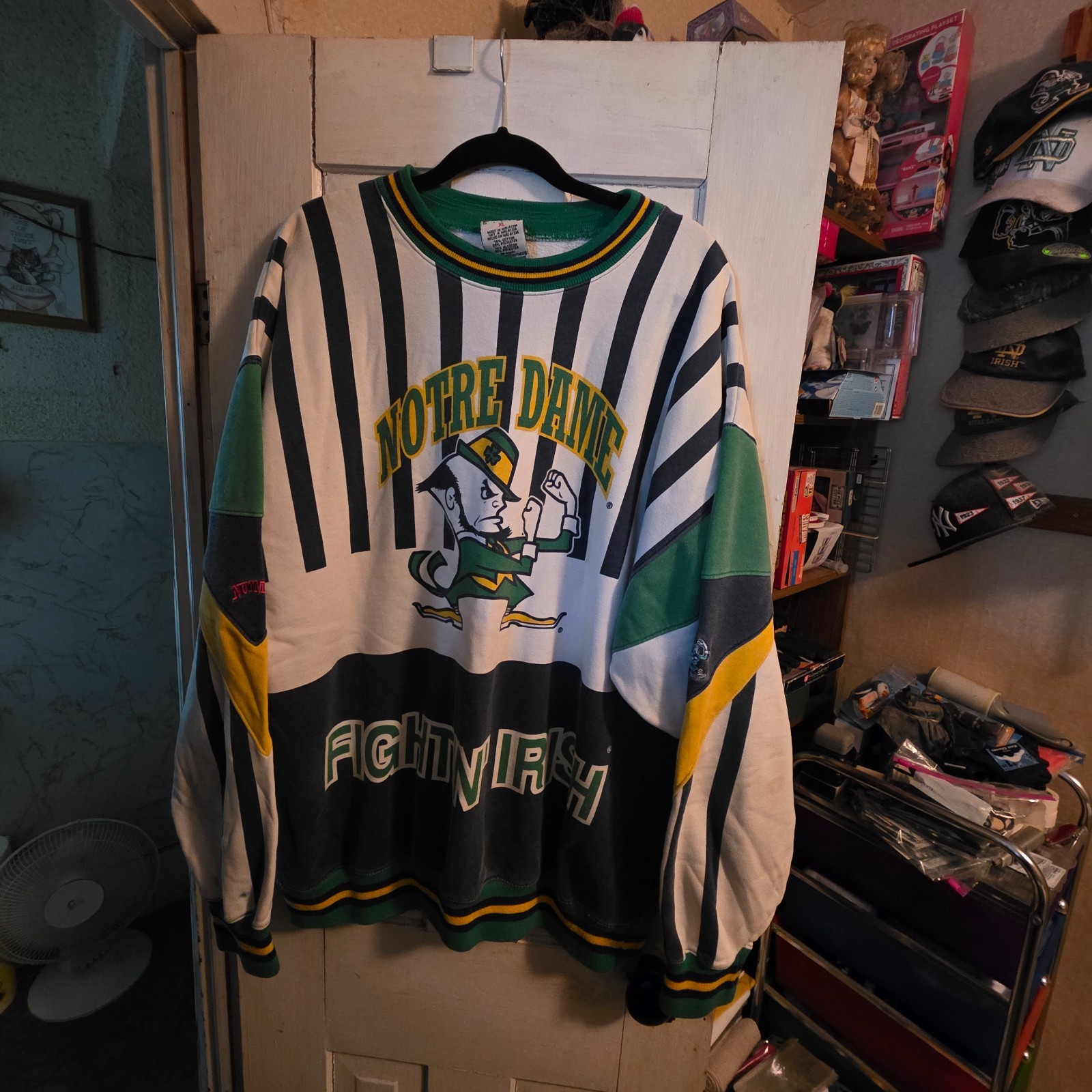 Vtg 90s Nutmeg Mills Notre Dame Fighting Irish Striped AOP Sweatshirt XL +Bonus