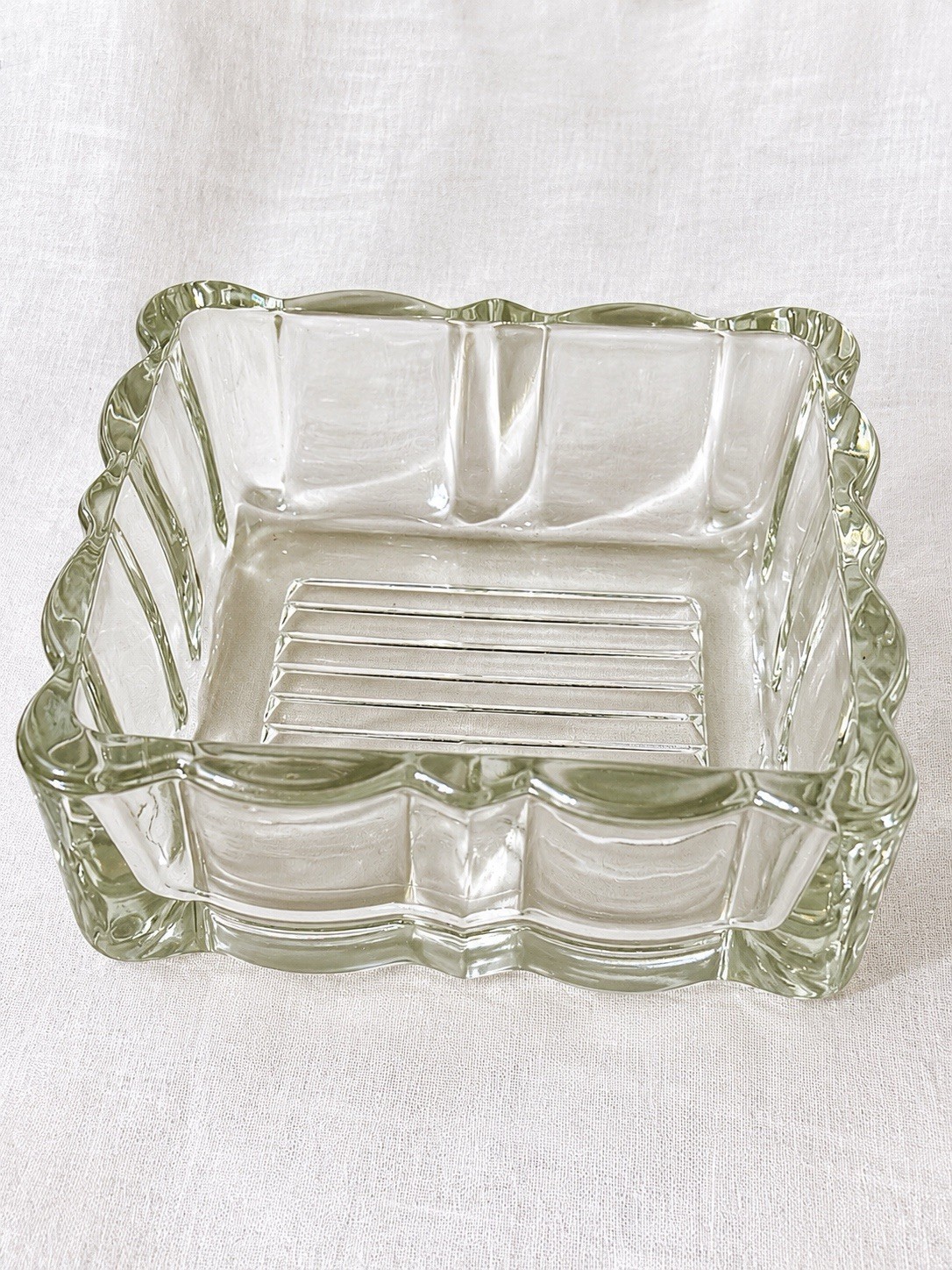 Vintage Clear Pressed Glass Cigarette Box Base Trinket Dish Scalloped Ribbed