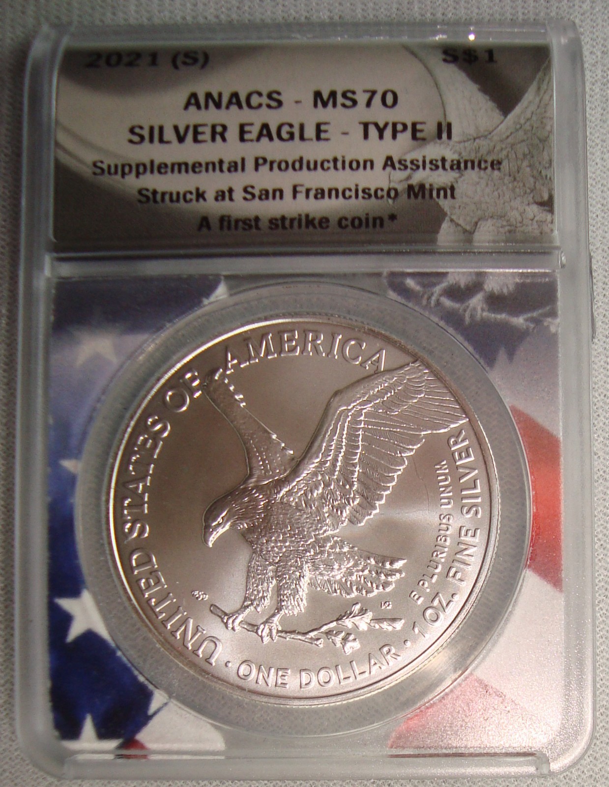 2021 (S) American Silver Eagle Type 2 1 oz Coin ANACS MS70 First Strike
