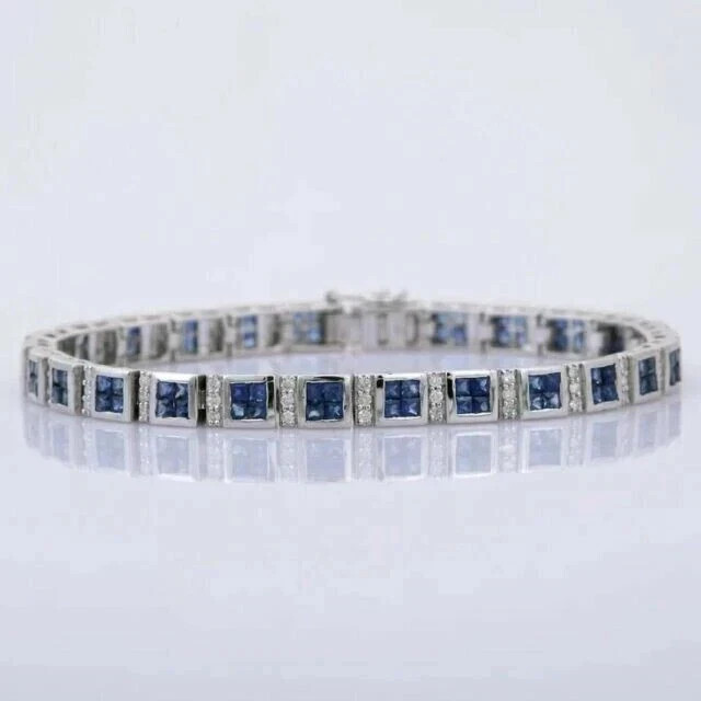 7.10Ct Princess Lab Created Sapphire Men\'s Tennis Bracelet 14K White Gold Plated