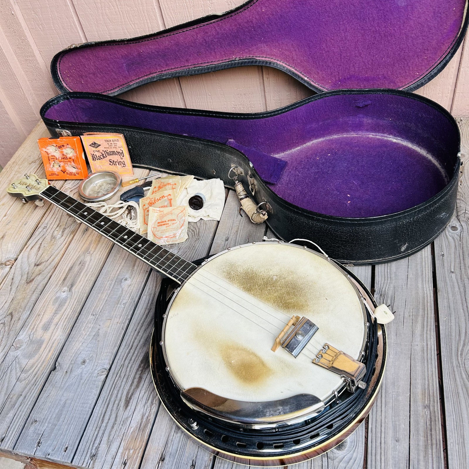 Vintage Kay Kraft Electric Tenor Banjo Pearloid Veneer Headstock 4-String Case +