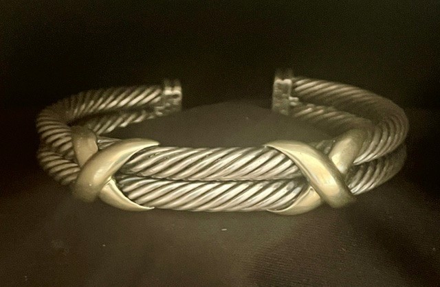 David Yurman double cable, double X cuff bracelet, sterling silver,  14k gold Xs