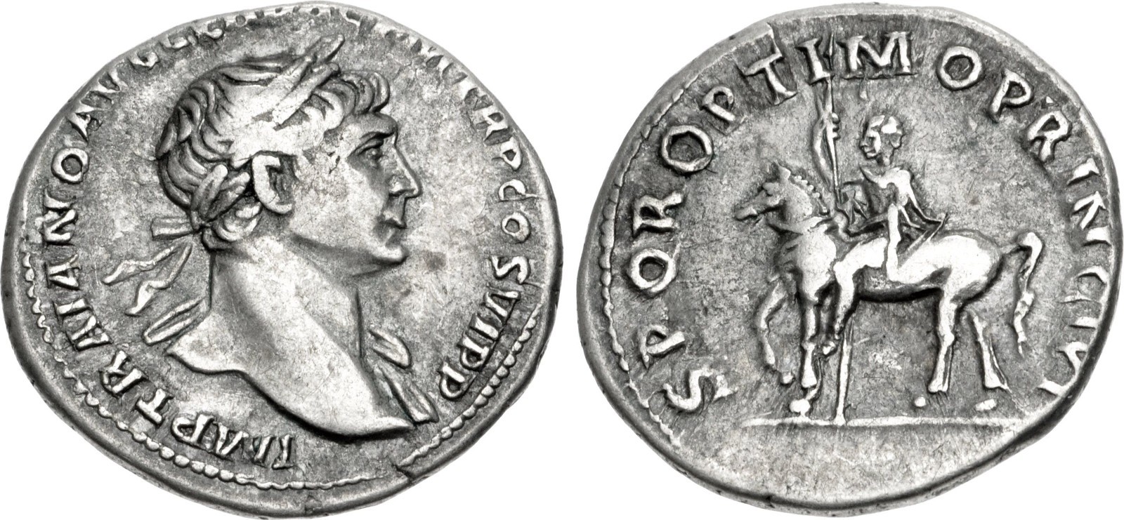 Trajan (AD 98-117) Roman AR silver denarius coin Equus Traiani statue RIC 291