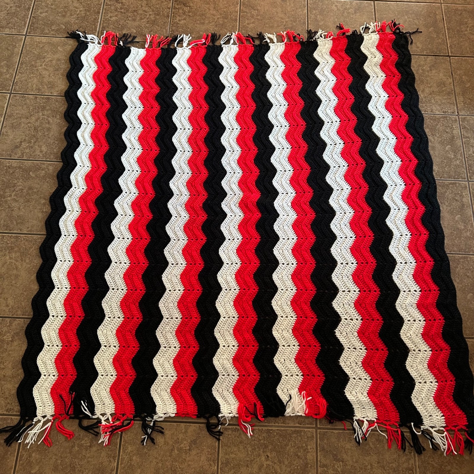 Vtg Grandma\'s Black Red Afghan Chevron Blanket Crochet Throw w/ Fringe 59x59”